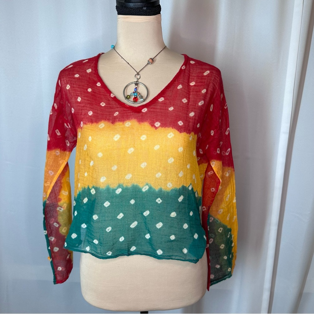 Sheer Cropped  Vibrant Flare Sleeve Top Sz L Shirt Made In Nepal Tie‎ Dye Beach